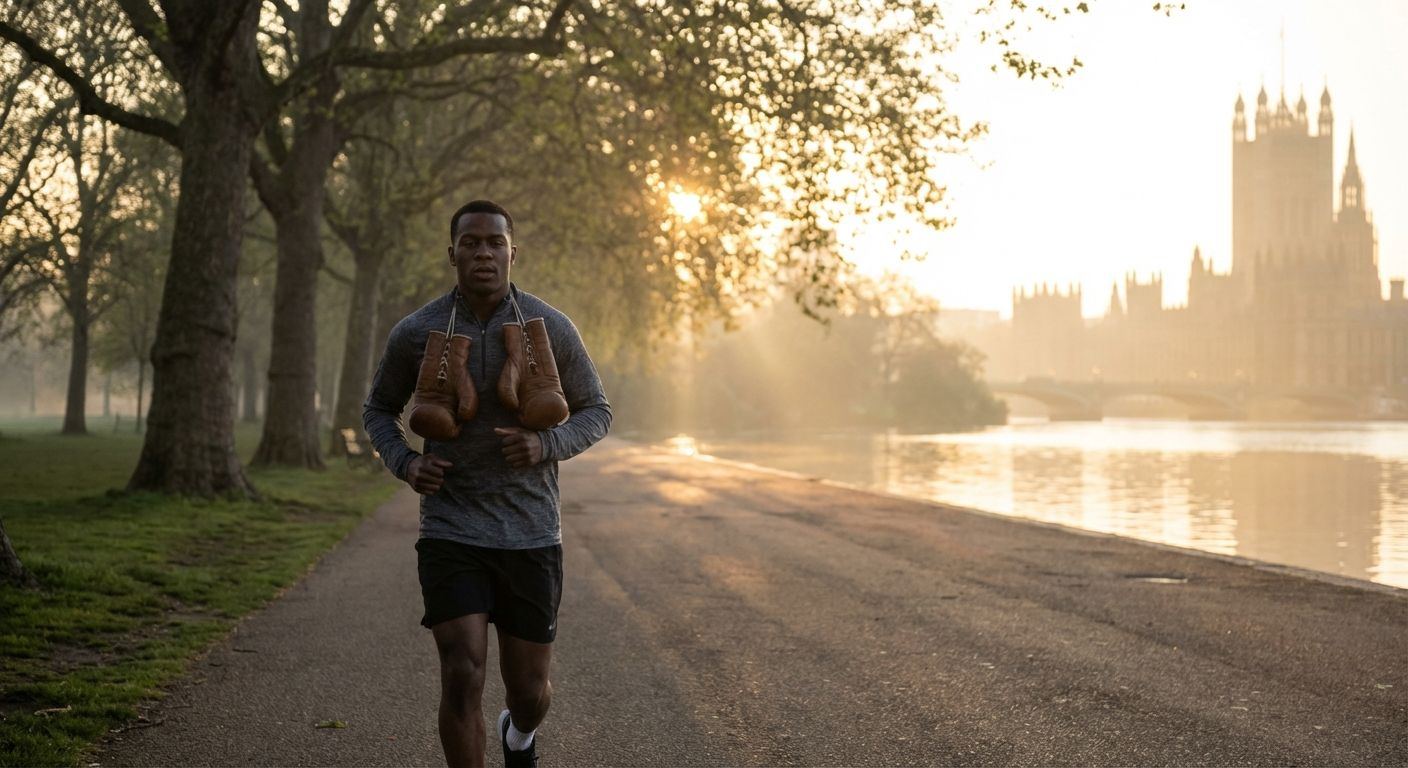 Split image of a boxer training on pads and a walker striding through a London park