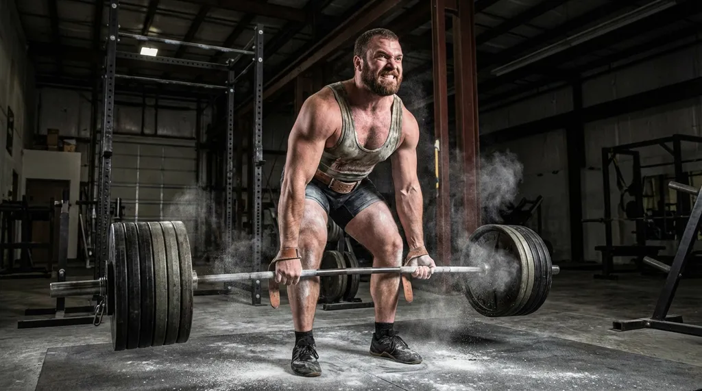 Powerlifter performing a heavy deadlift in a strength gym with chalk dust visible
