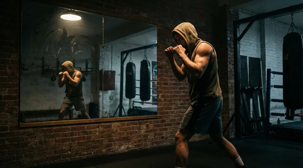 Lean athletic boxer shadowboxing in front of a mirror with defined muscles visible in dramatic lighting