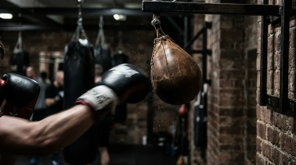 Boxing speed bag training close-up with hands moving fast, dark gym background