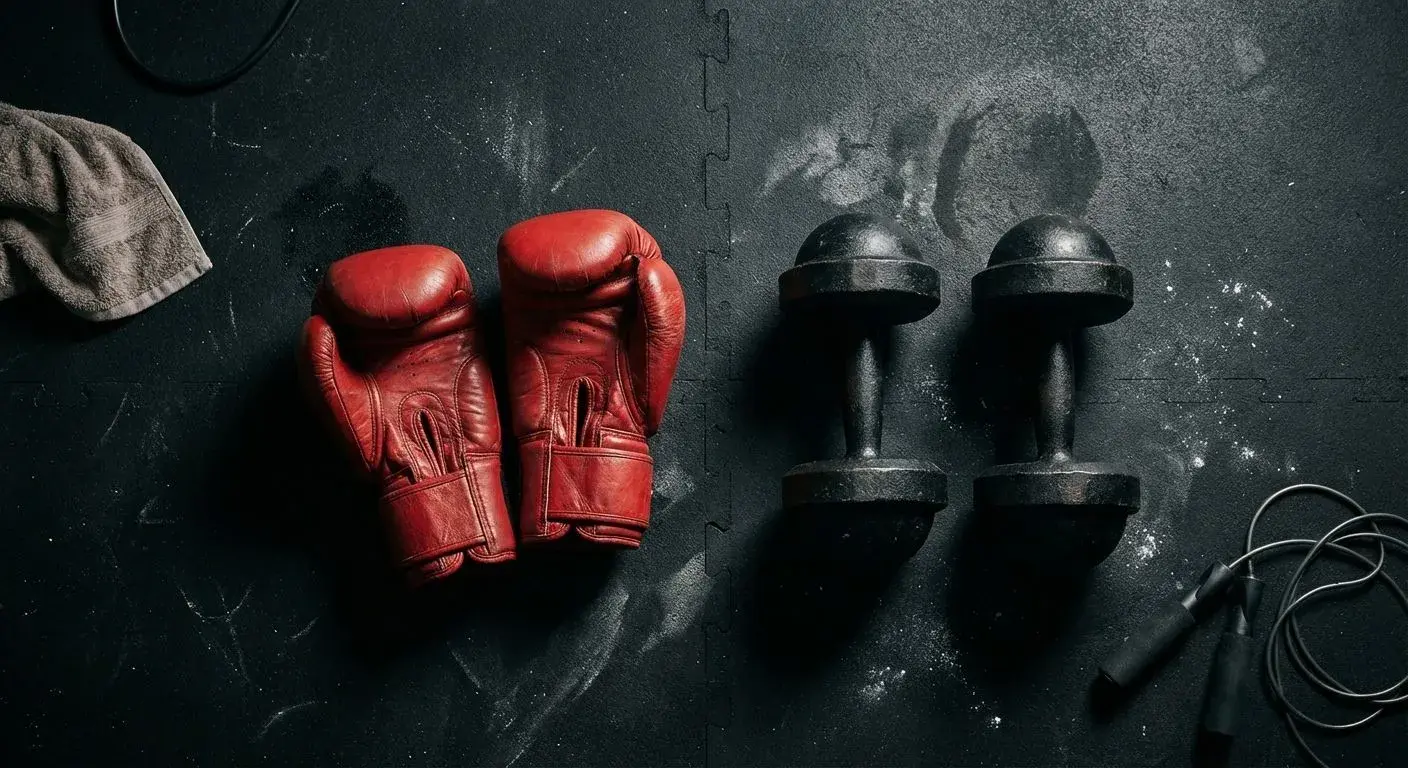 Boxer in fighting stance next to a weightlifter performing a deadlift