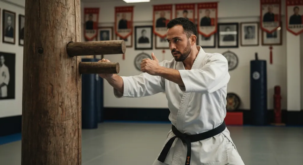 Wing Chun practitioner training chain punches on a wooden dummy in a traditional kwoon