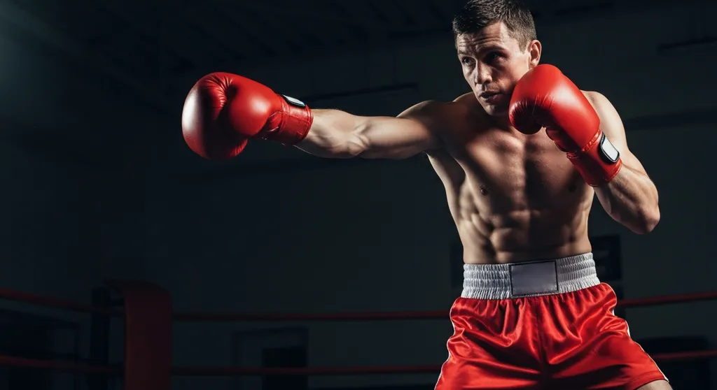 Boxer in defensive stance throwing a counter cross punch with dark gym background