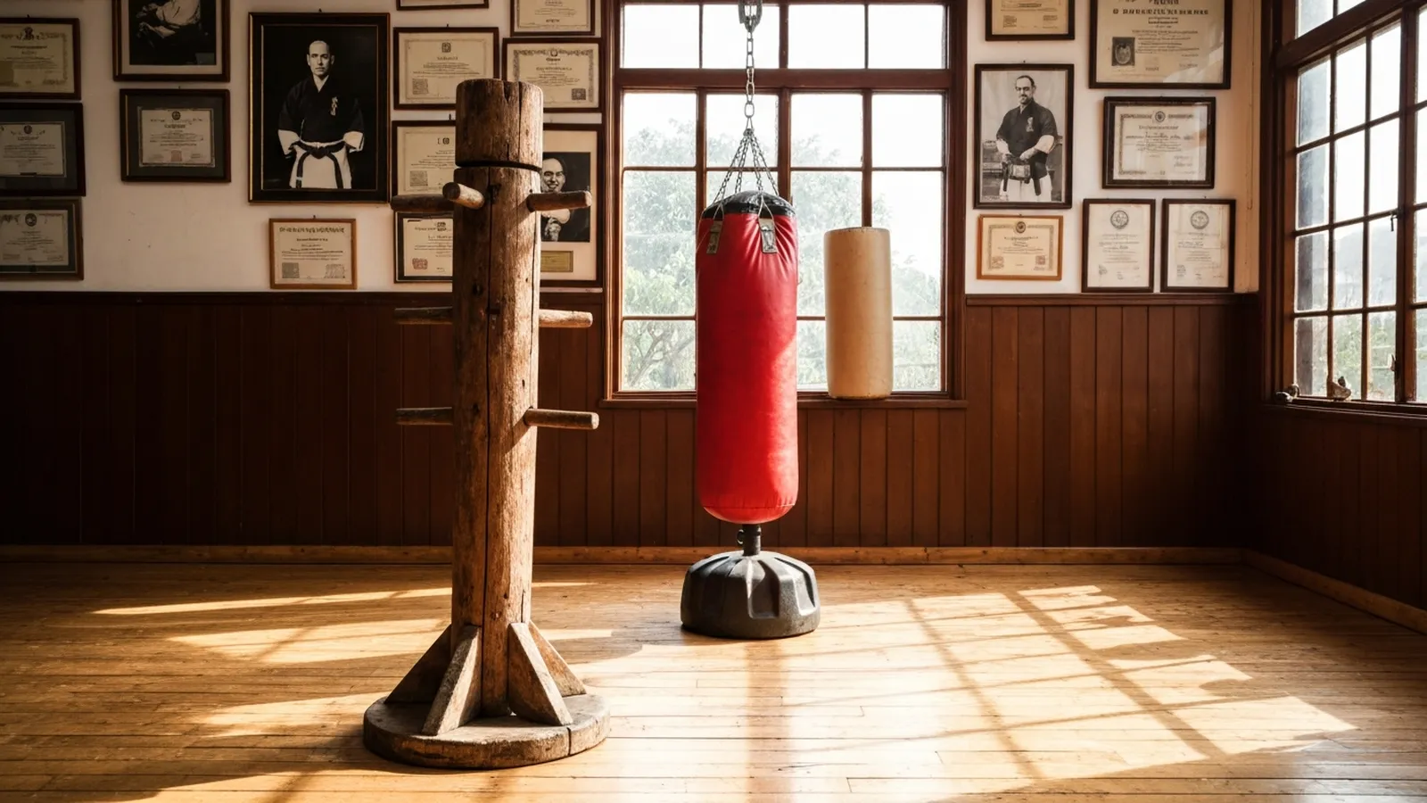 Traditional martial arts training hall with a wooden dummy alongside a boxing heavy bag