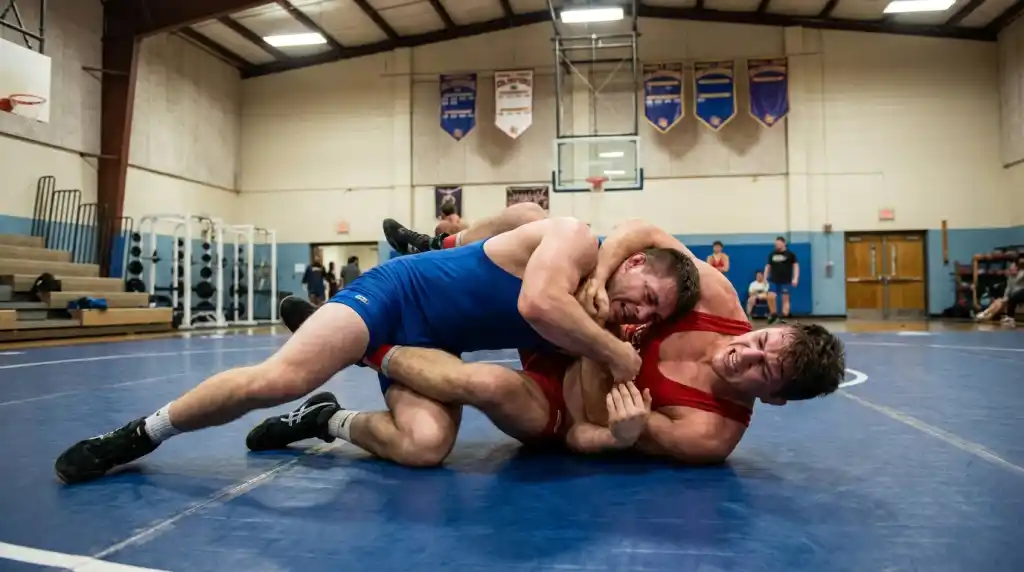 Two wrestlers grappling on a mat, intense ground-based combat, athletic and powerful