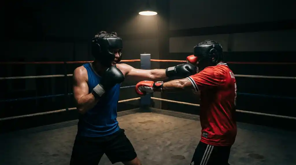 Boxer sparring with protective headgear, demonstrating the striking discipline, dramatic lighting