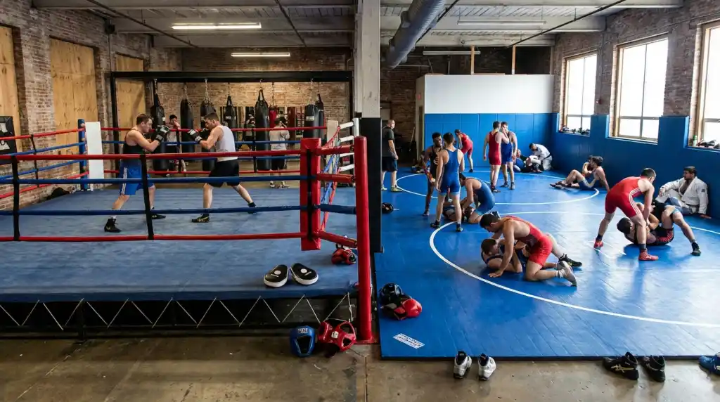 Combat sports gym with both a boxing ring and wrestling mats visible