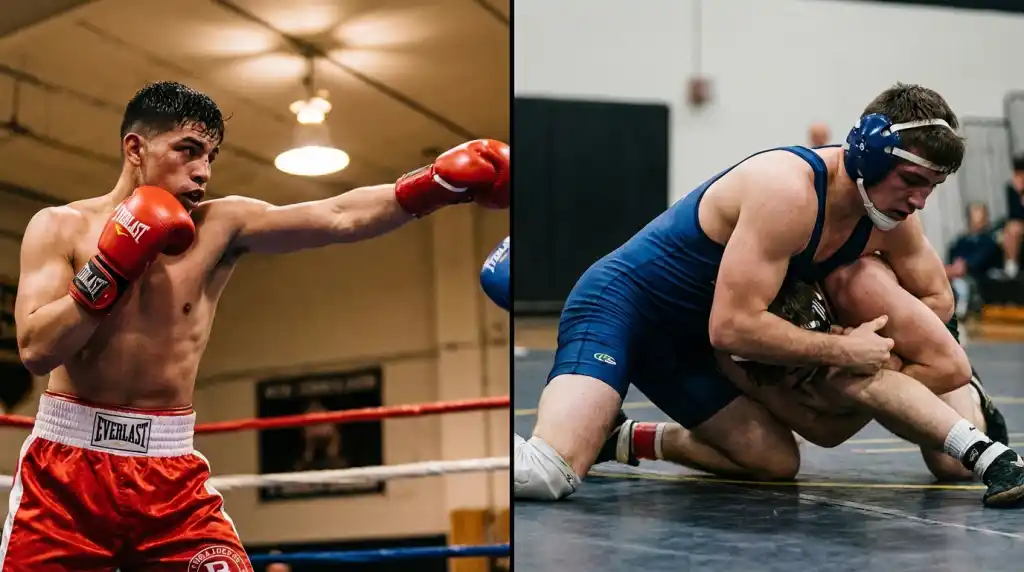 Boxer in fighting stance alongside a wrestler in takedown position, two combat sports compared