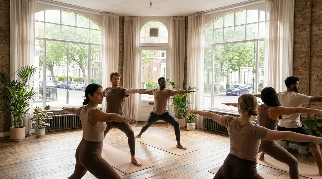 Yoga class in a peaceful bright studio with people in warrior pose, natural light streaming through windows