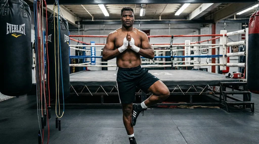 Professional boxer doing a yoga tree pose in a boxing gym with boxing ring visible in background