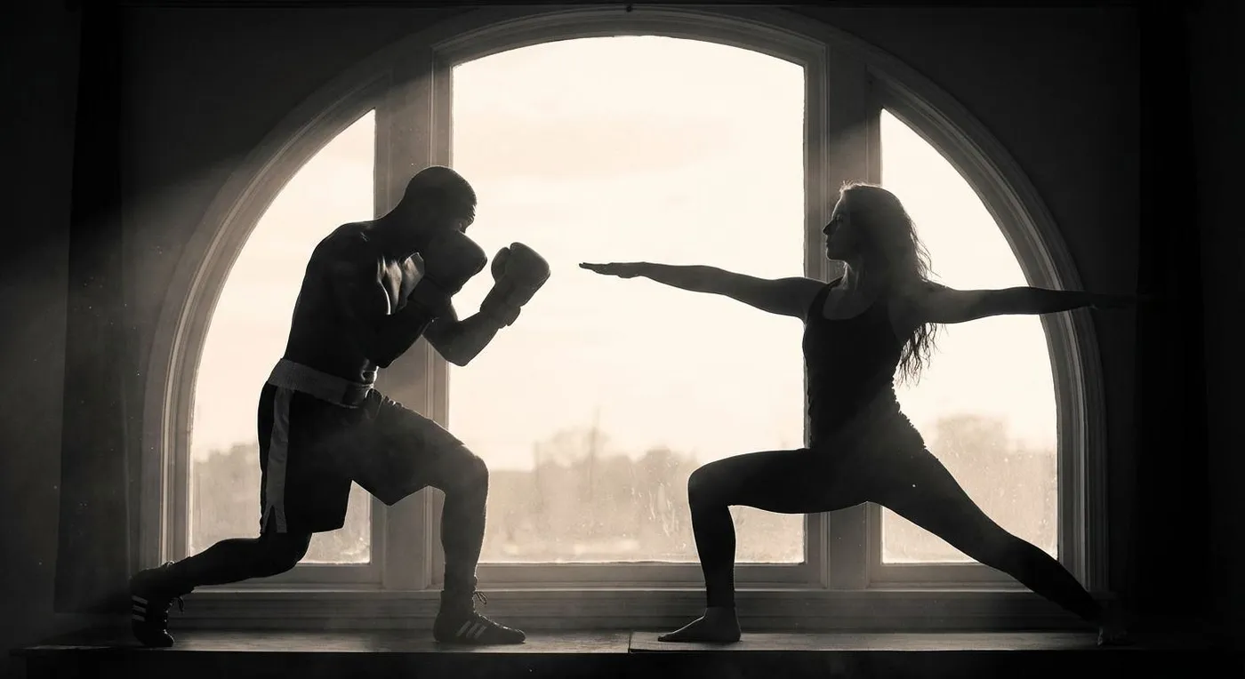 Boxer in fighting stance contrasted with a yogi in warrior pose, showing the contrast of disciplines