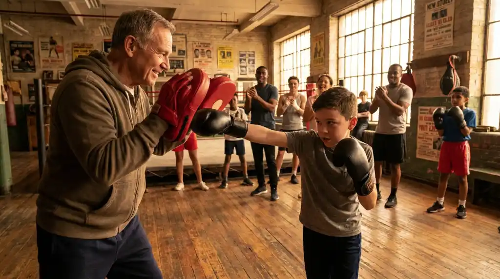 Interior of a community boxing gym with heavy bags and members training together