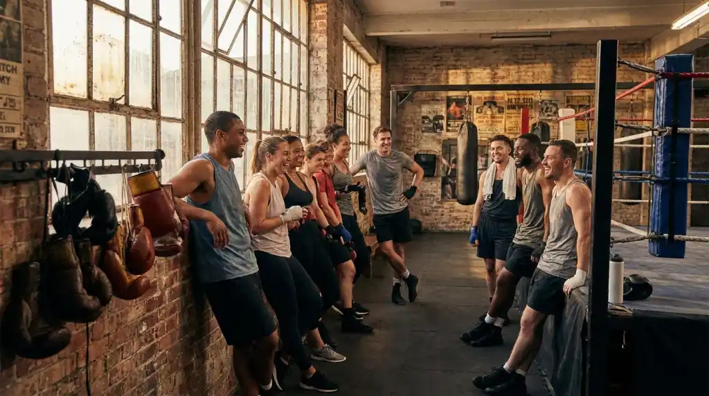 Woman putting on boxing gloves for the first time with a coach helping in the background