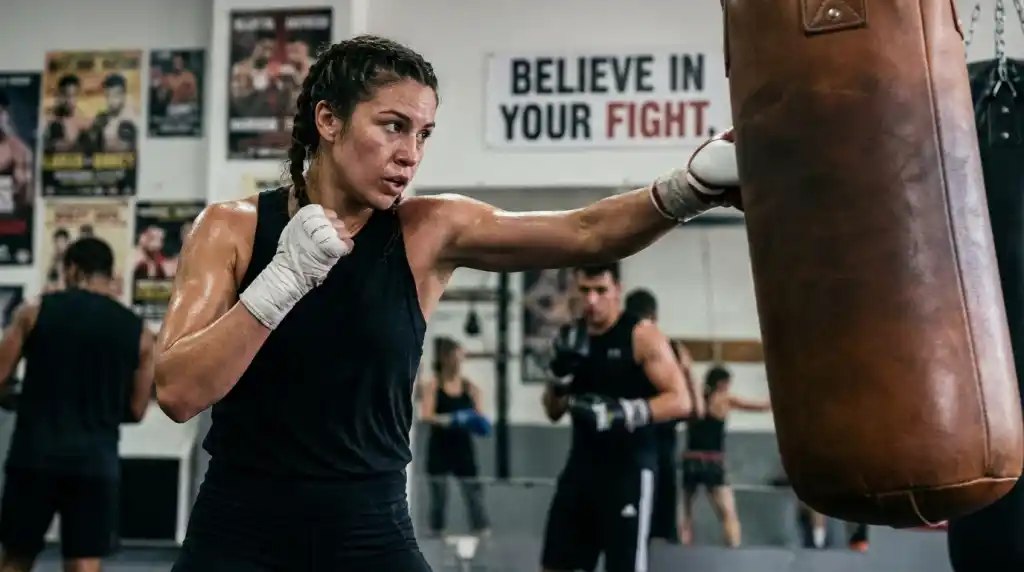 Pair of boxing gloves hanging from a heavy bag in an empty gym with dramatic single light source
