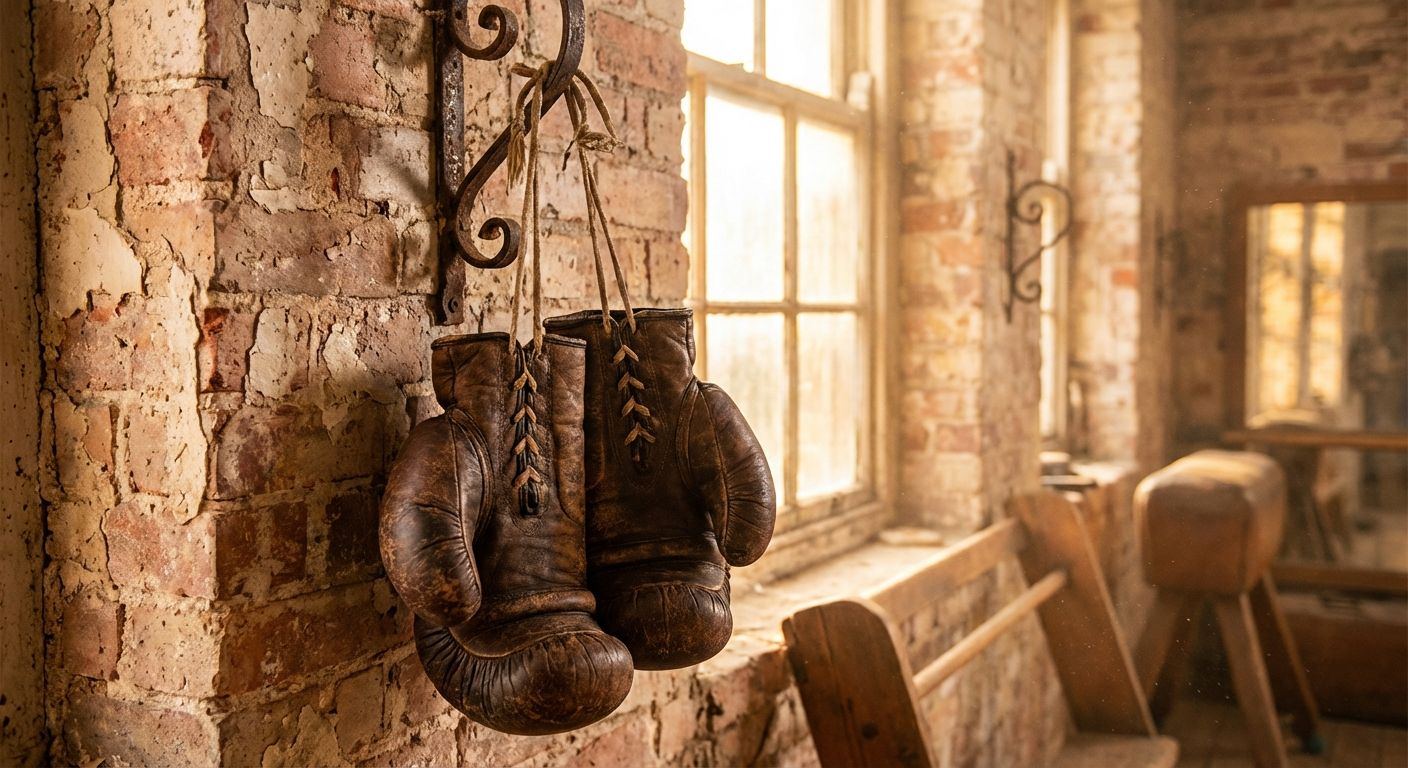 Interior of a community boxing gym with heavy bags and members training under warm lighting