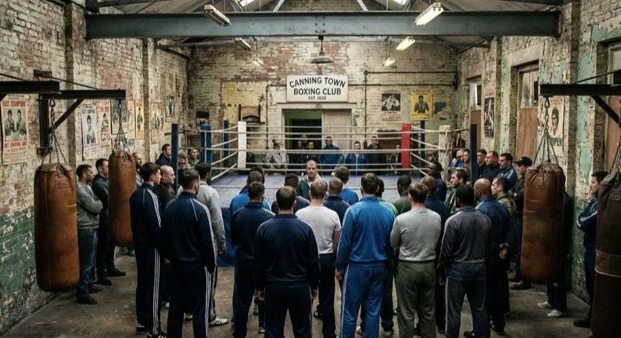Side-on view of a boxer slipping a punch then counter-attacking at a double end bag, dramatic black and gold boxing gym lighting