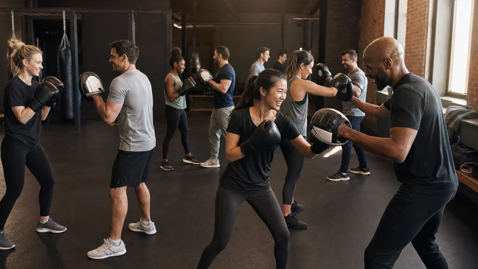 A professionally coached group boxing class using gloves and focus pads