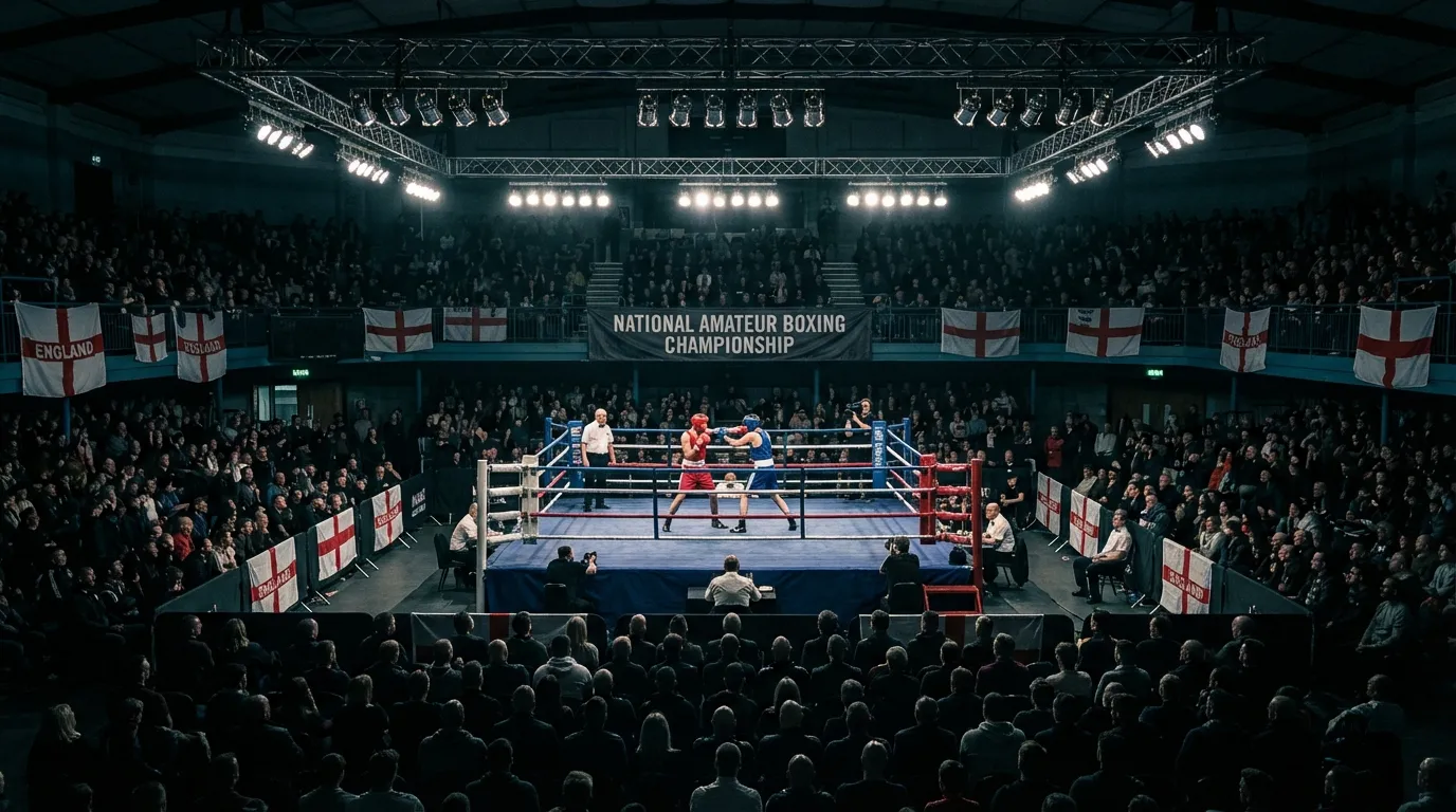 Large arena boxing championship with official England Boxing tournament atmosphere