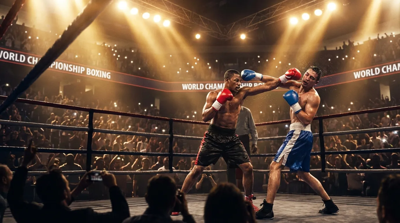 Packed arena with bright lights and a professional boxing ring under dramatic lighting