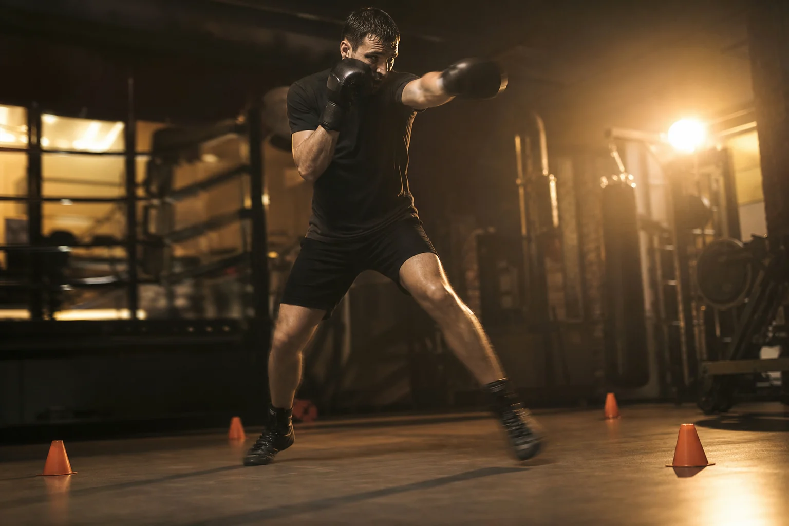 Boxer pivoting around cones during a footwork drill