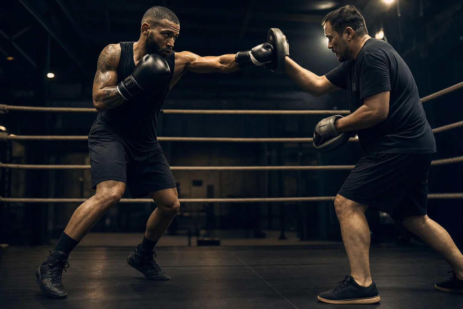 Adult boxer stepping out after a jab during padwork