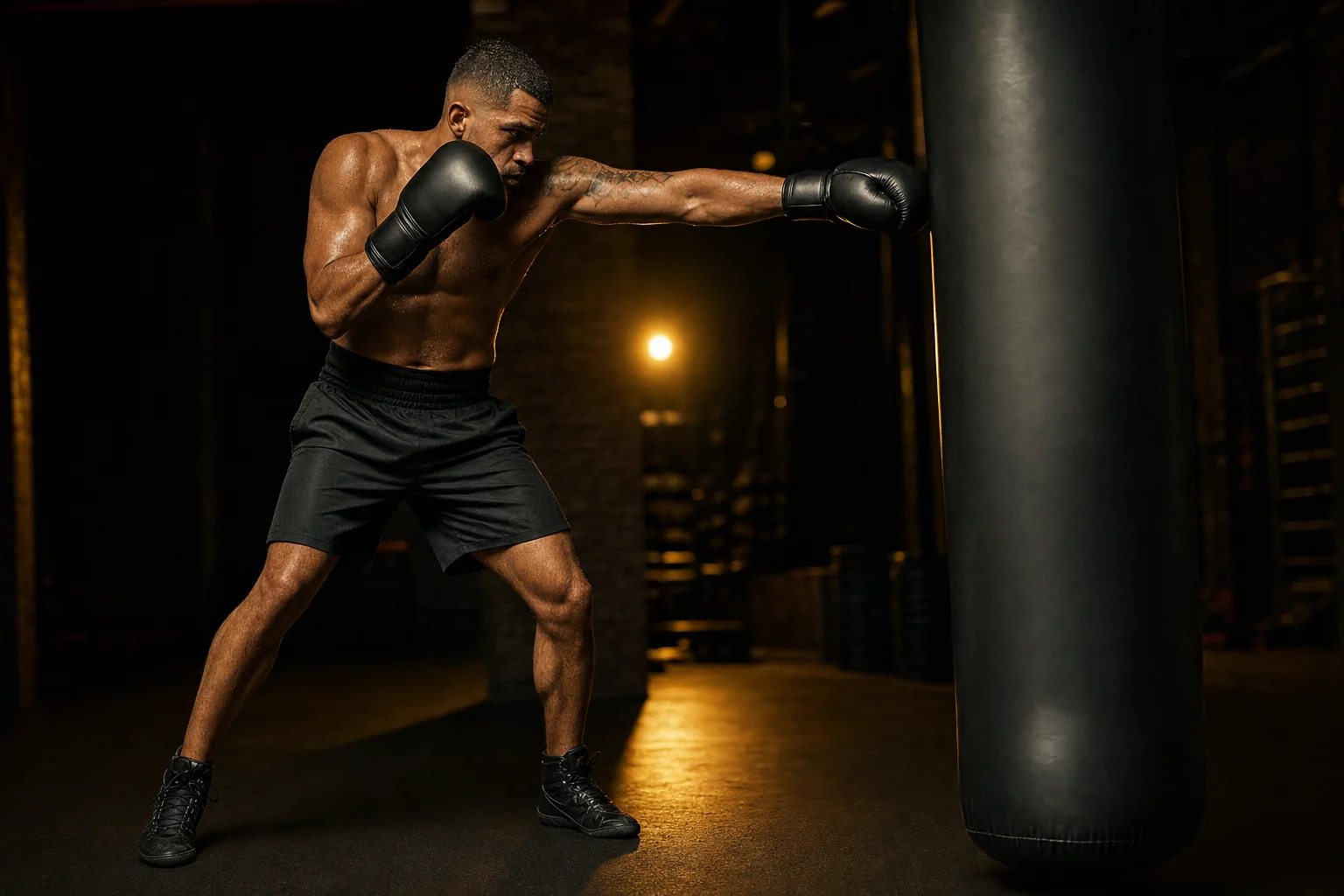 Boxer drilling controlled shots on a heavy bag