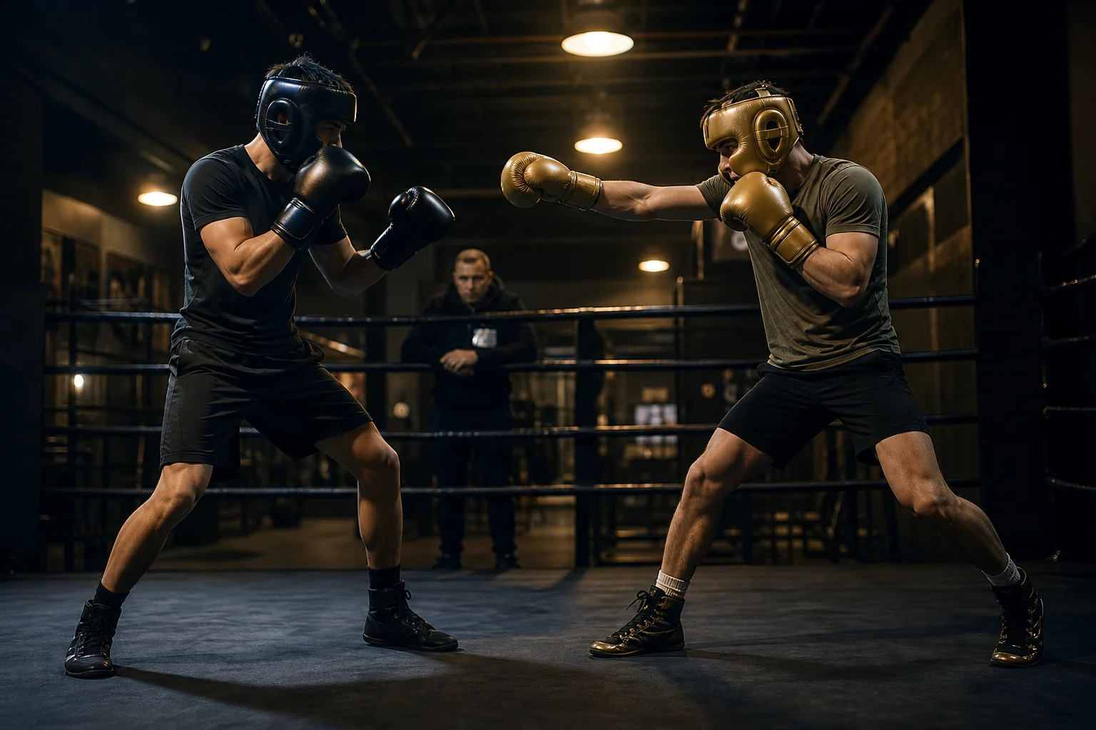 Adult boxers using lead-hand control in technical sparring