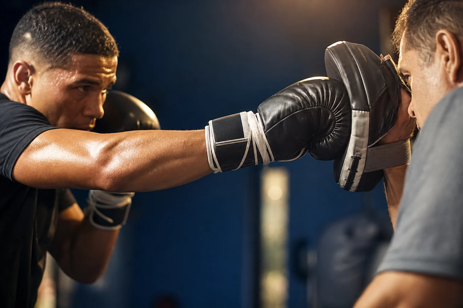 Boxer practising sharp lead-hand shots into coach pads