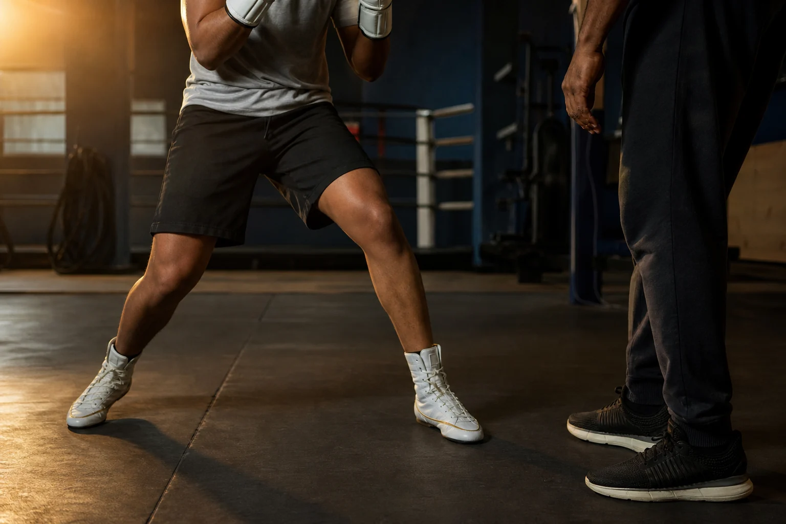 Boxing stance foot position on the gym floor