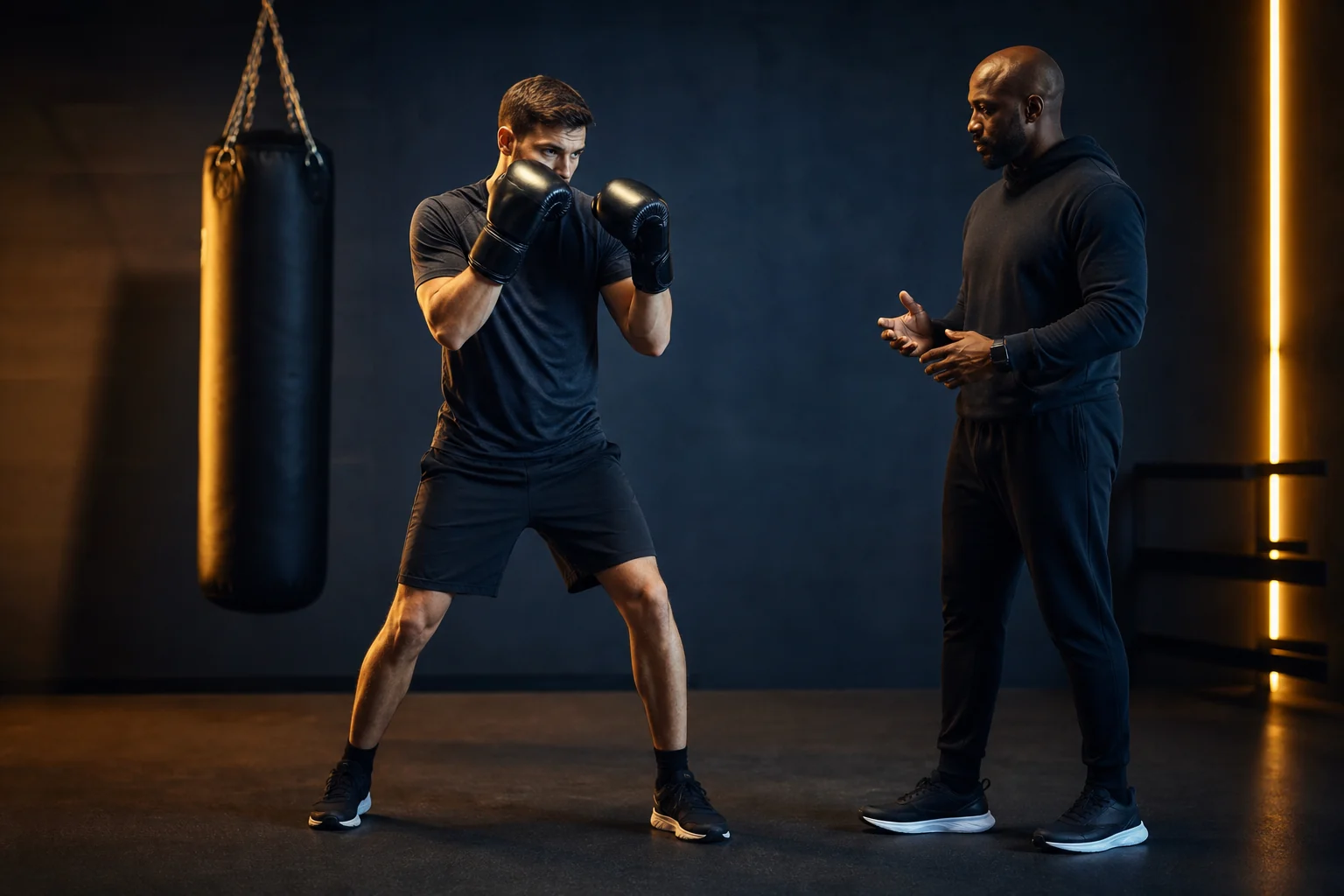Boxer holding stance and guard while a coach observes