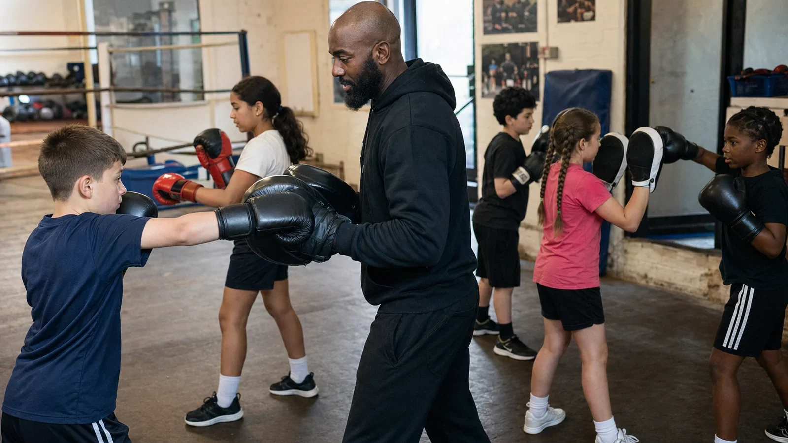 Junior boxing coaching session