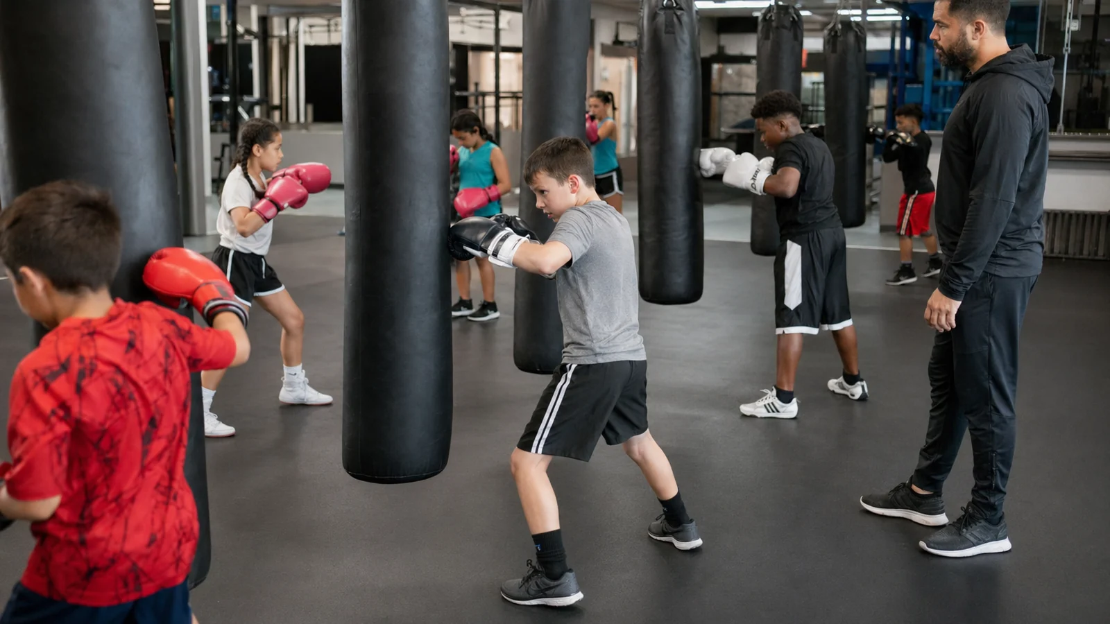 Junior boxer working basic shape and balance on the bag