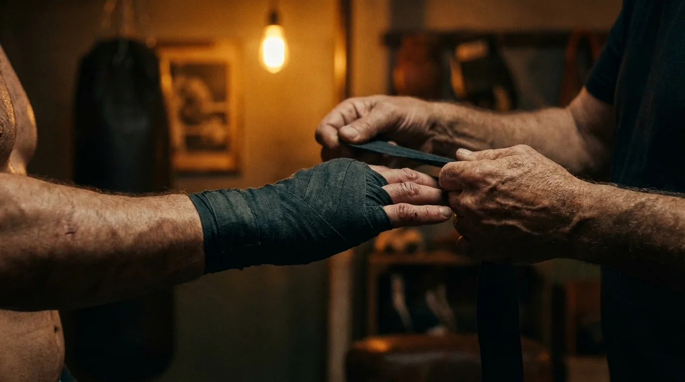 Coach wrapping a boxer hands before training