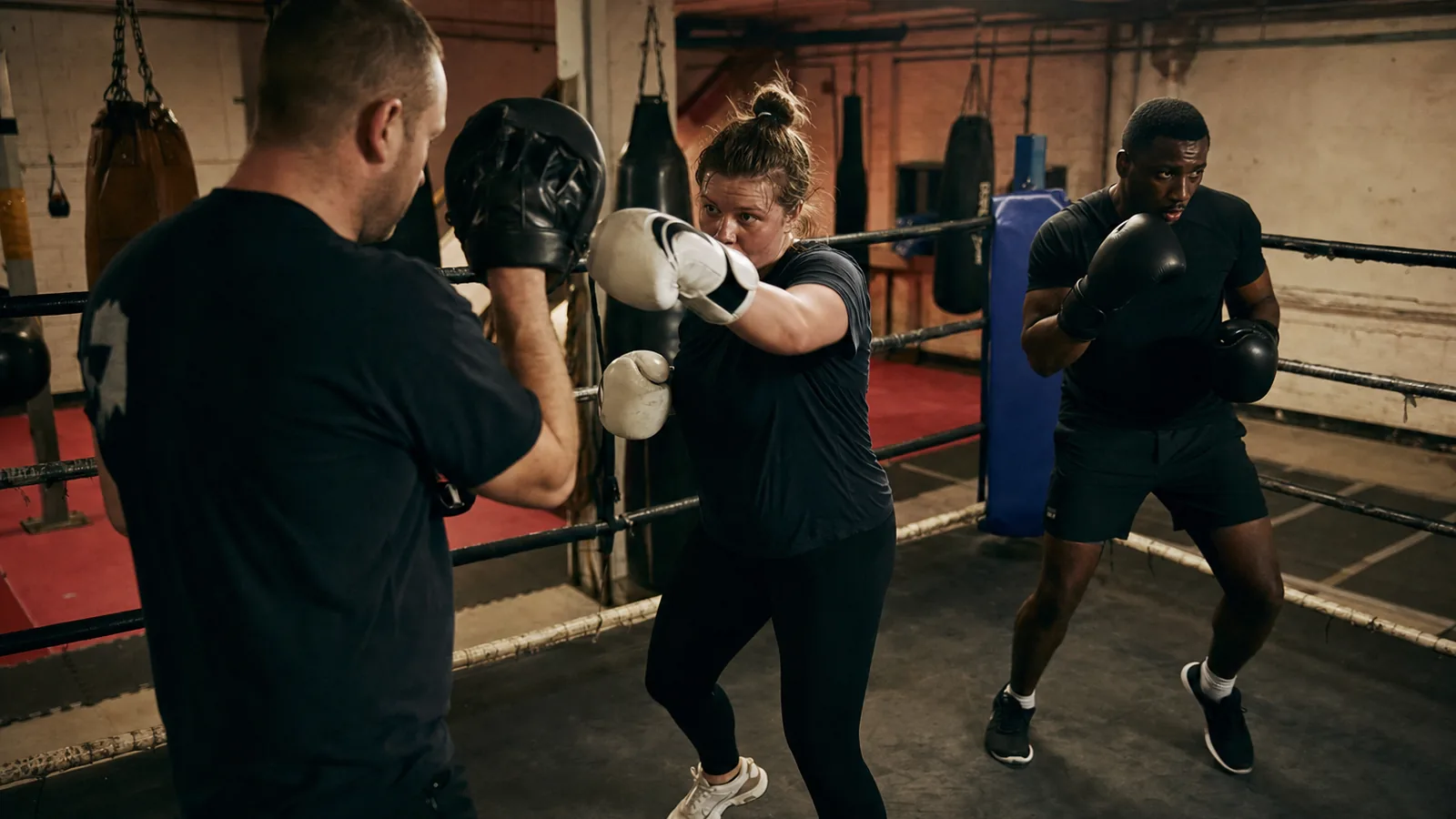 Adult beginner boxer learning pad work with a coach at Honour and Glory