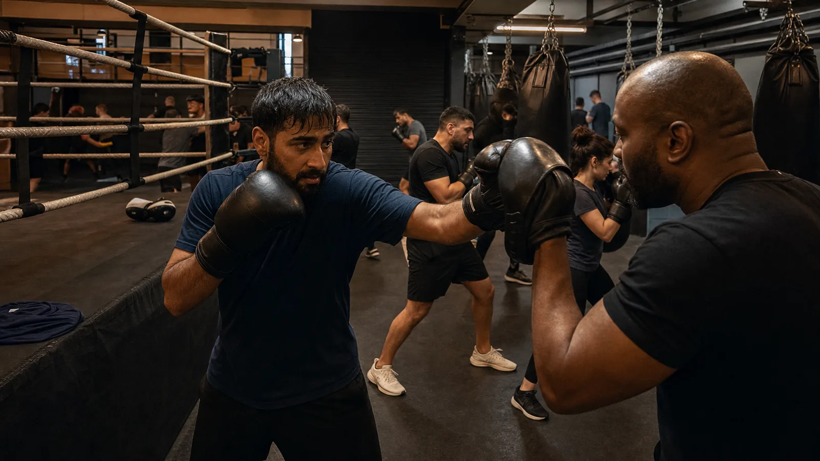 Adult beginner boxing training in a gym