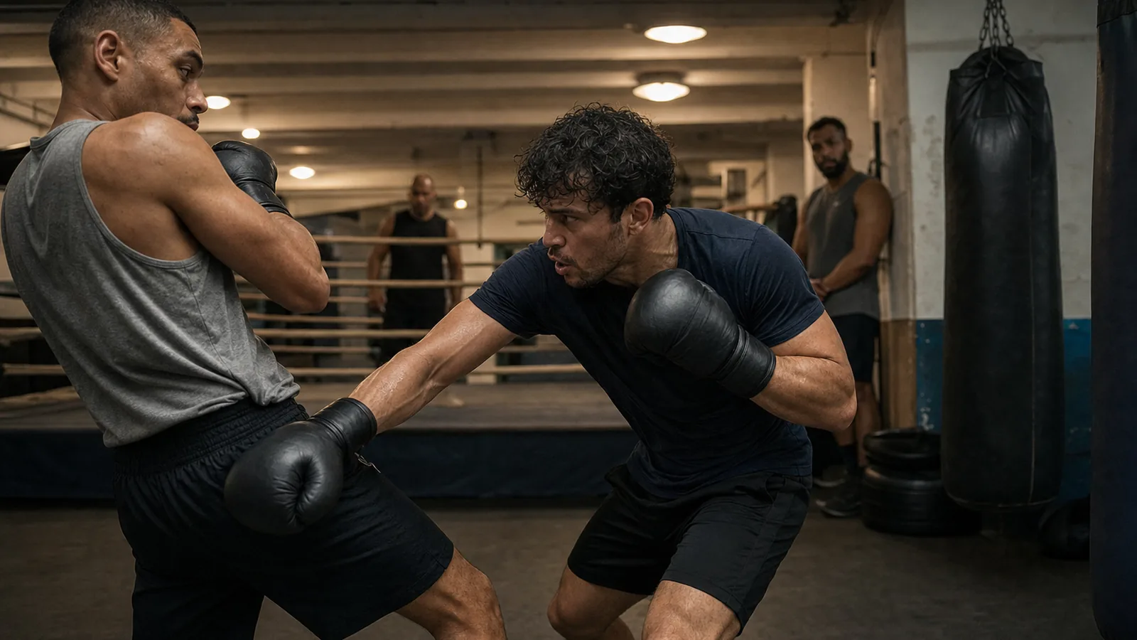 Adult boxers working at close range in a boxing gym