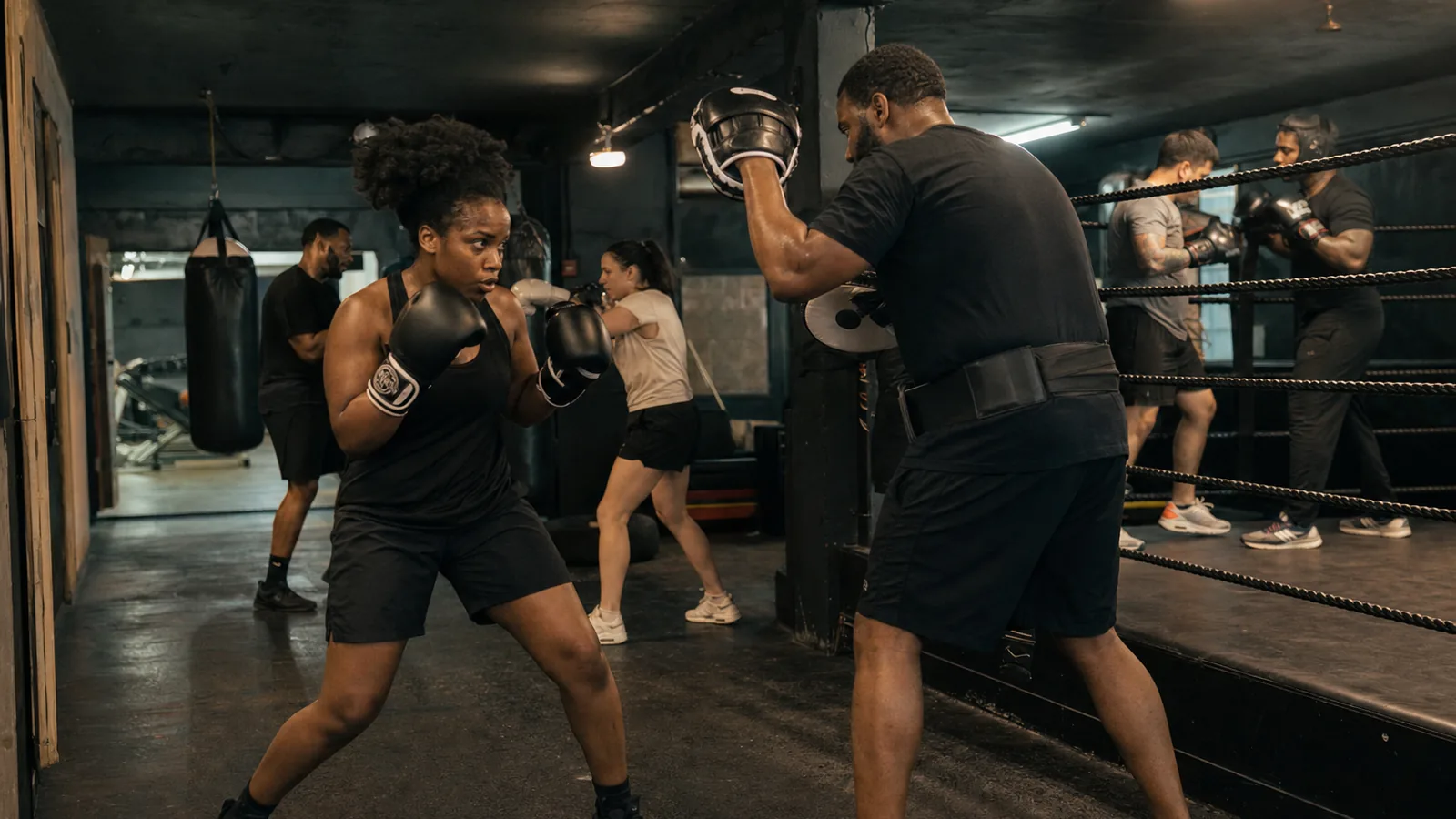 Women learning boxing padwork in a coached Honour and Glory session near Brockley