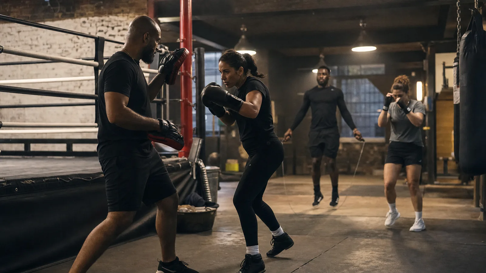 Boxing fitness class using pads and movement at Honour and Glory near Blackheath