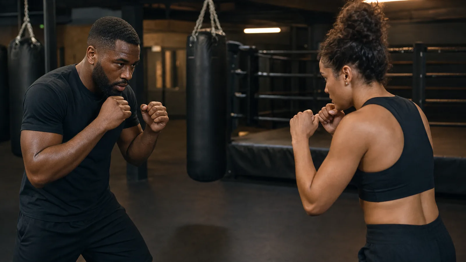 Two adults working through boxing guard and stance in a gym