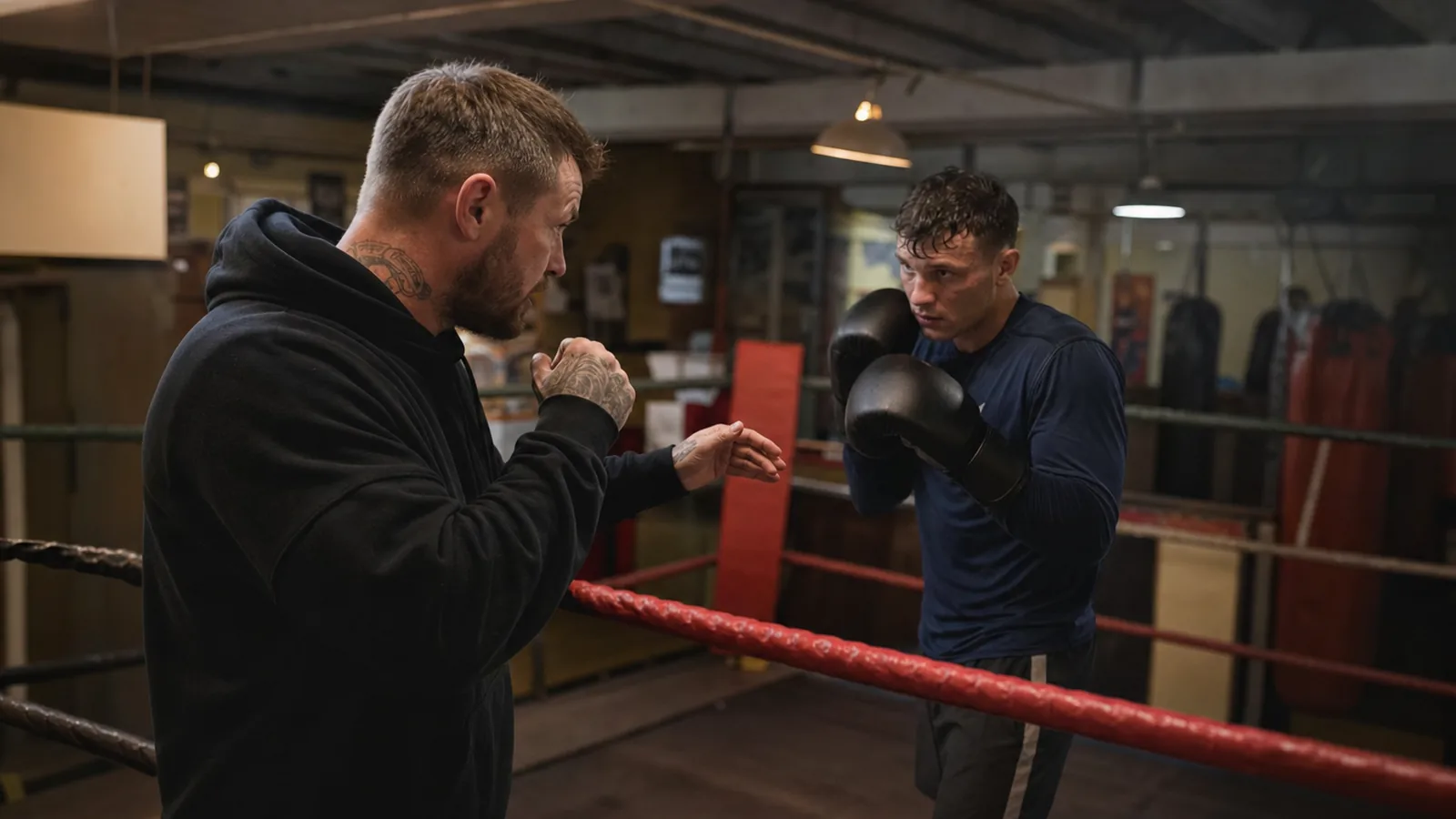 A boxing coach explaining a drill to an adult boxer in the ring