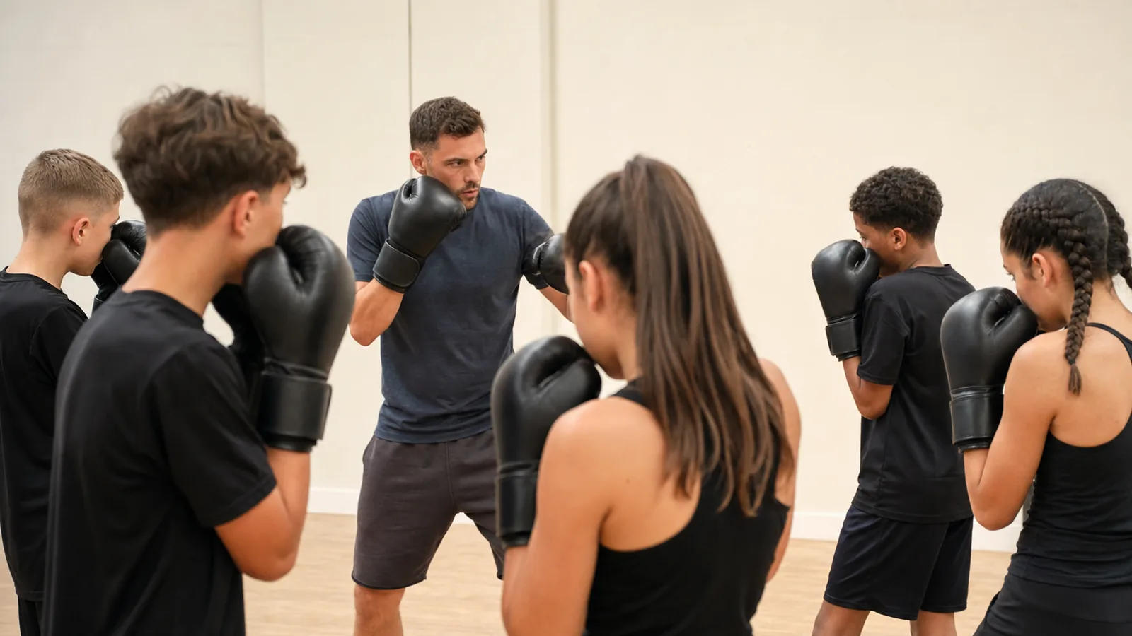 Junior boxing class learning supervised drills at Honour and Glory near West Wickham