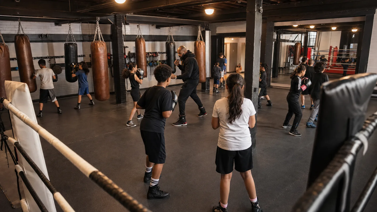Junior boxing class learning supervised drills at Honour and Glory near Bexley