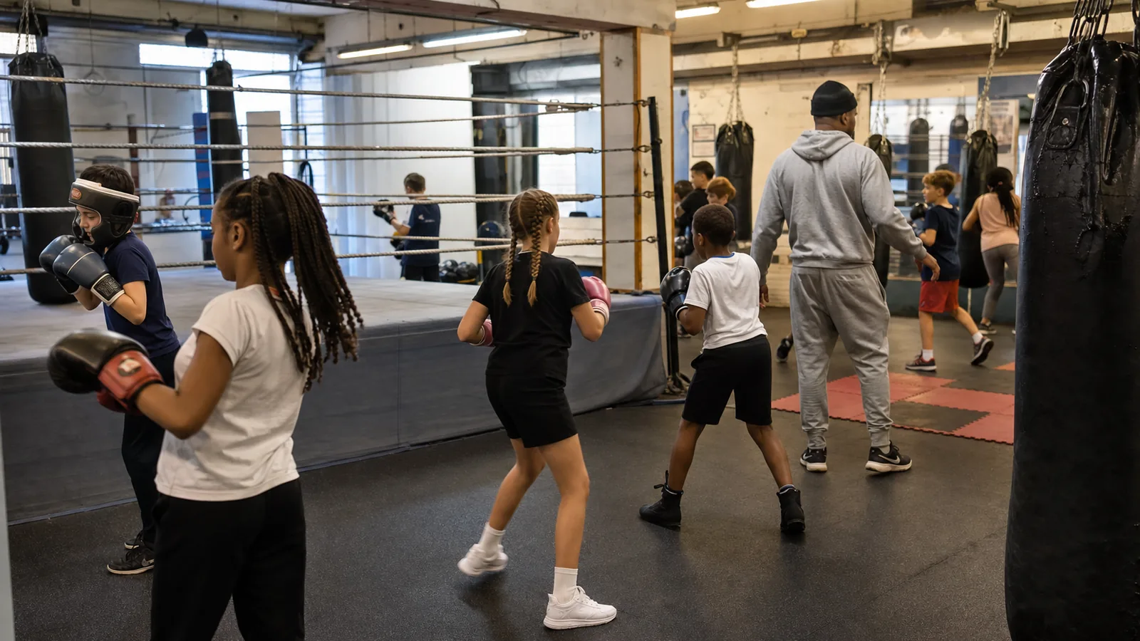 Junior boxing class learning supervised drills at Honour and Glory near Bromley
