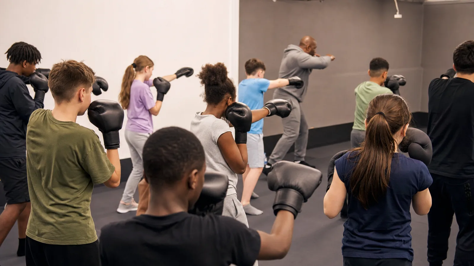 Junior boxing class training supervised drills near Grove Park