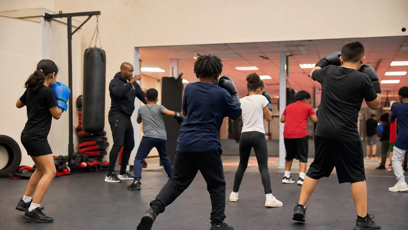 Junior boxing class training supervised drills near Eltham