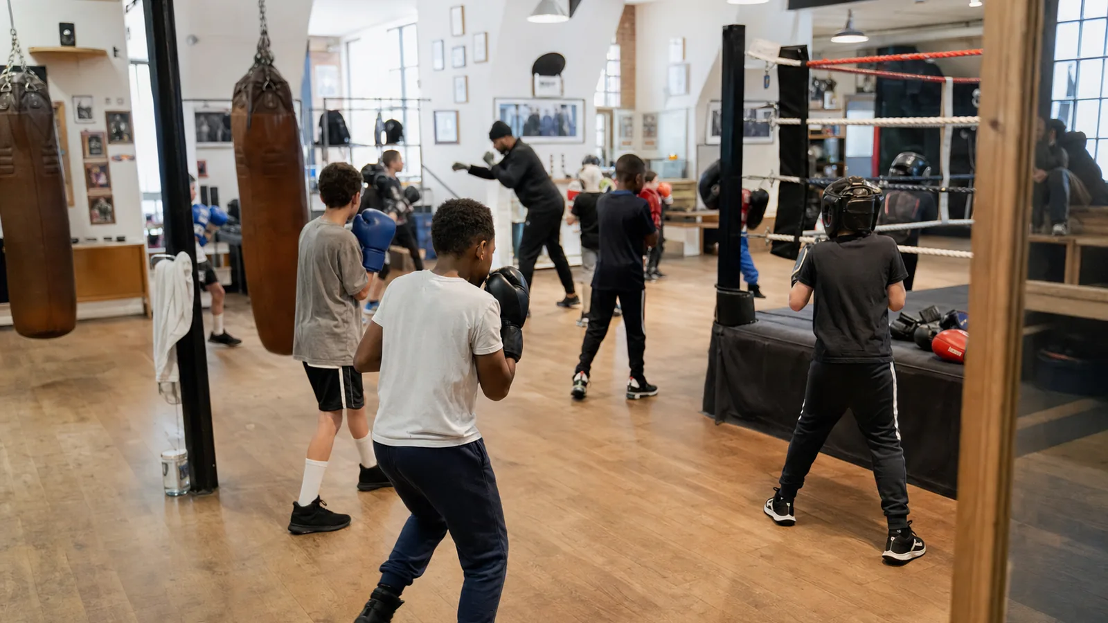 Junior boxing coaching session