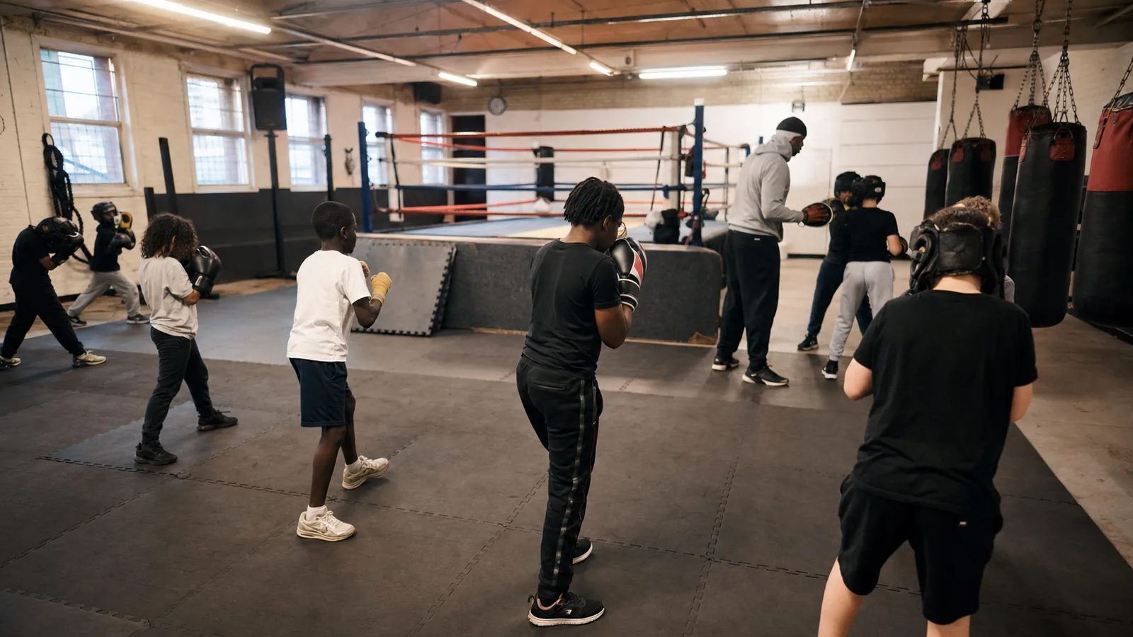 Junior boxing class learning supervised drills at Honour and Glory near Greenwich