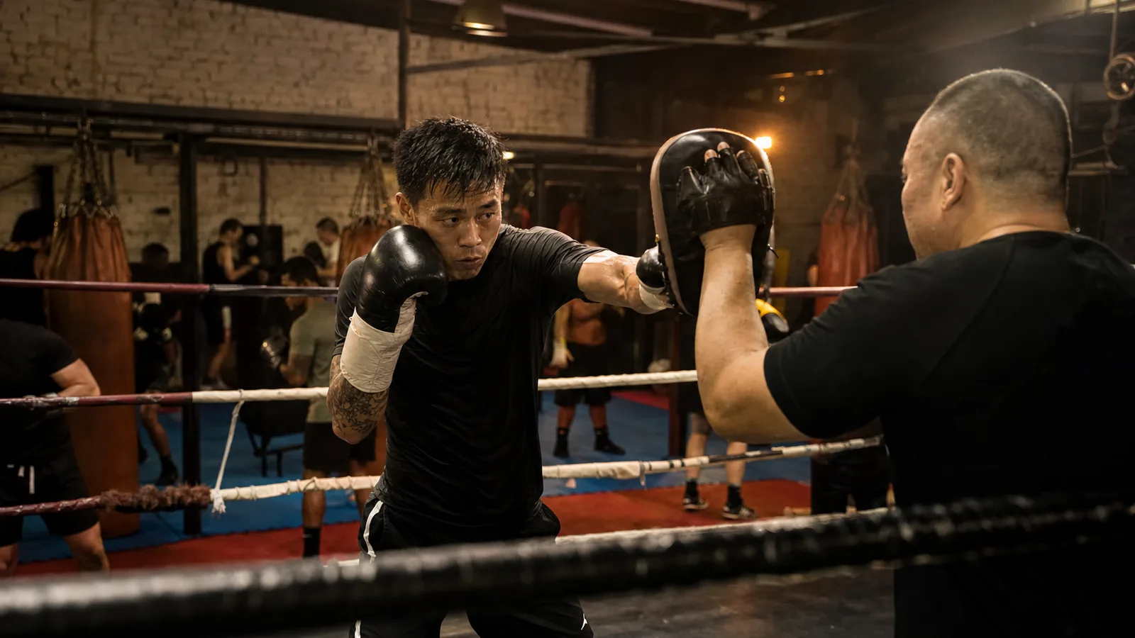 Women training boxing padwork together near Woolwich