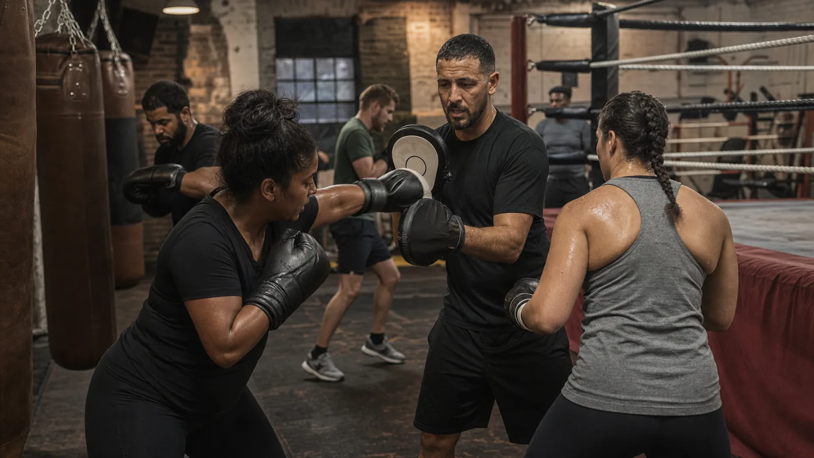 Adult boxers training with a coach in a South East London boxing gym