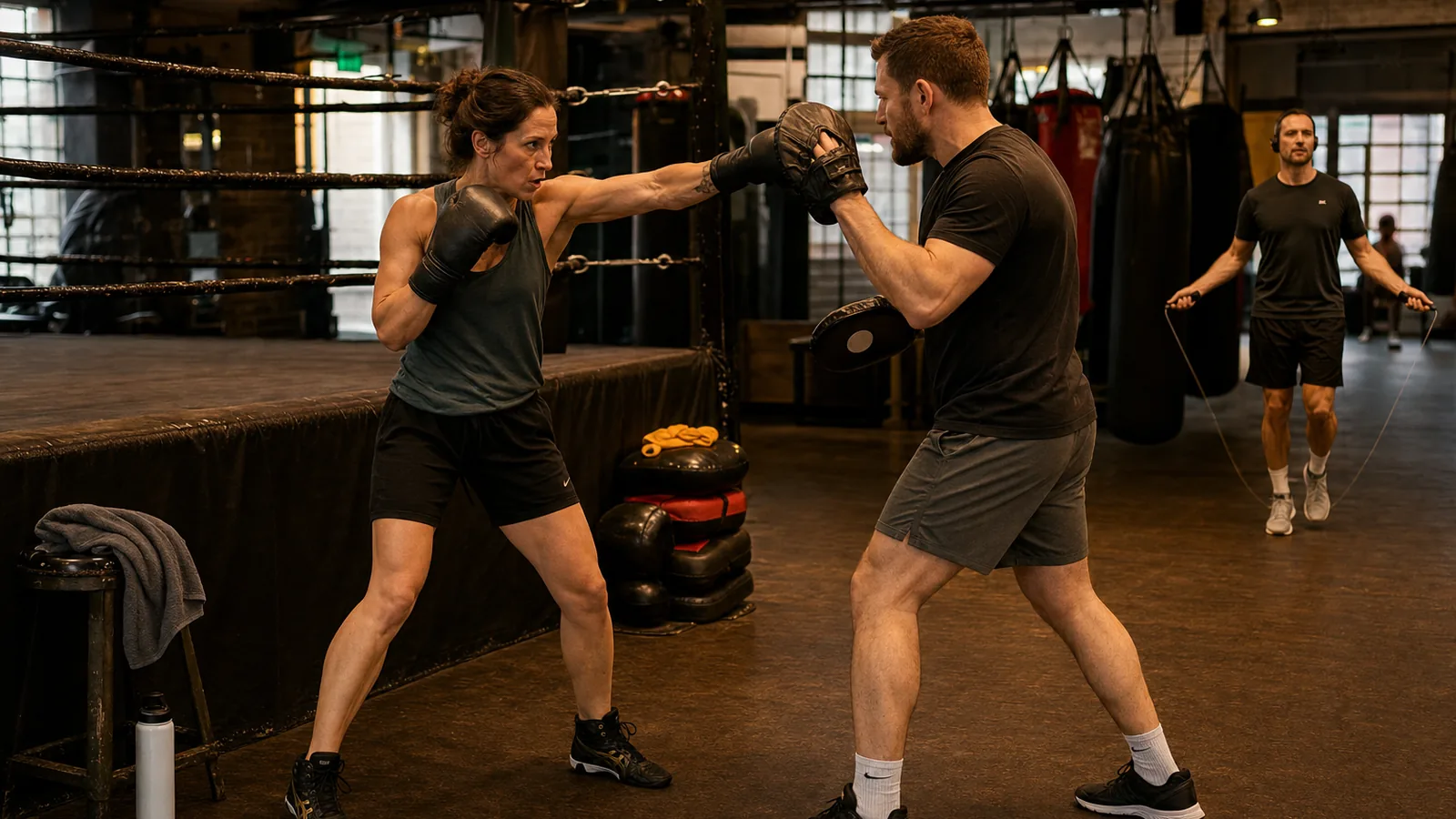 White collar boxing trainee working through coached combinations in the gym